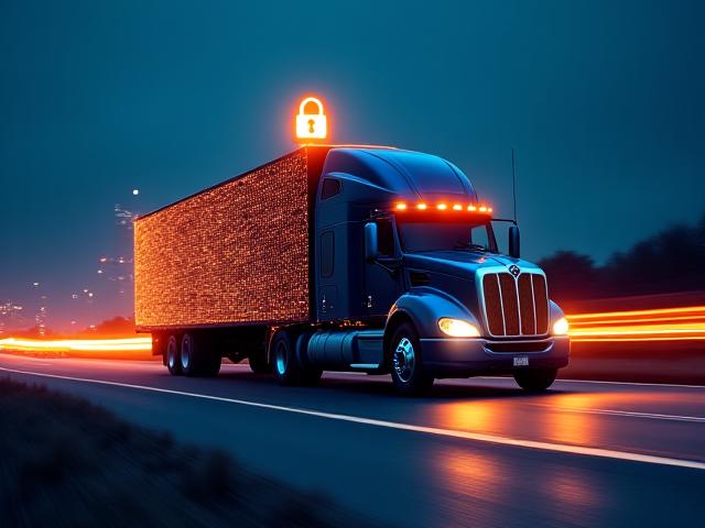 Illustration of a secure logistics truck with digital shield and GPS tracking icons