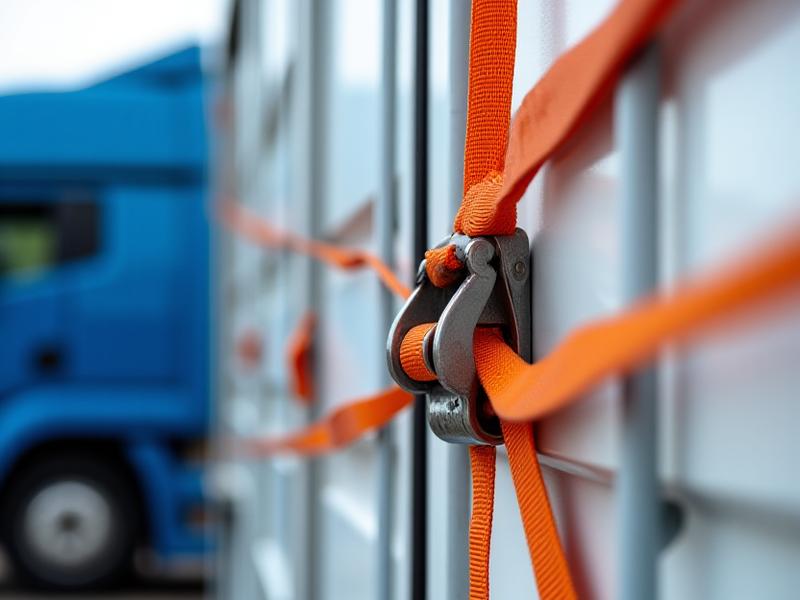 Close-up view of a heavy-duty ratchet strap securing a containerized BESS unit to a trailer
