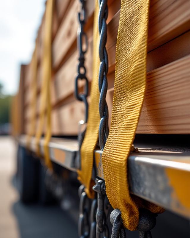 Bundles of industrial steel beams secured on a flatbed