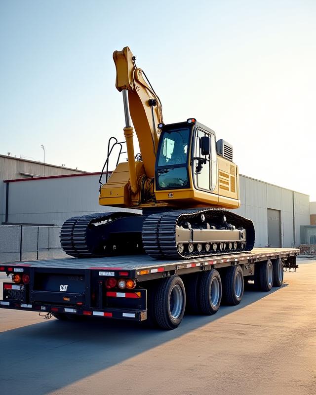 Large yellow excavator secured on a step-deck trailer