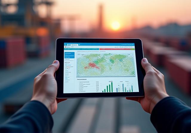 Logistics manager reviewing real-time freight data on a tablet